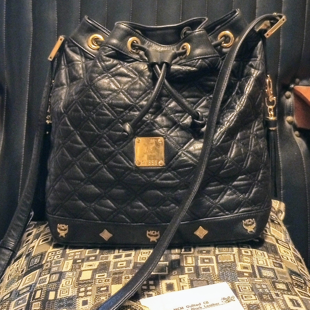 MCM Vintage Black Quilted Leather Bucket Bag with Gold Accents & Tassels, EUC